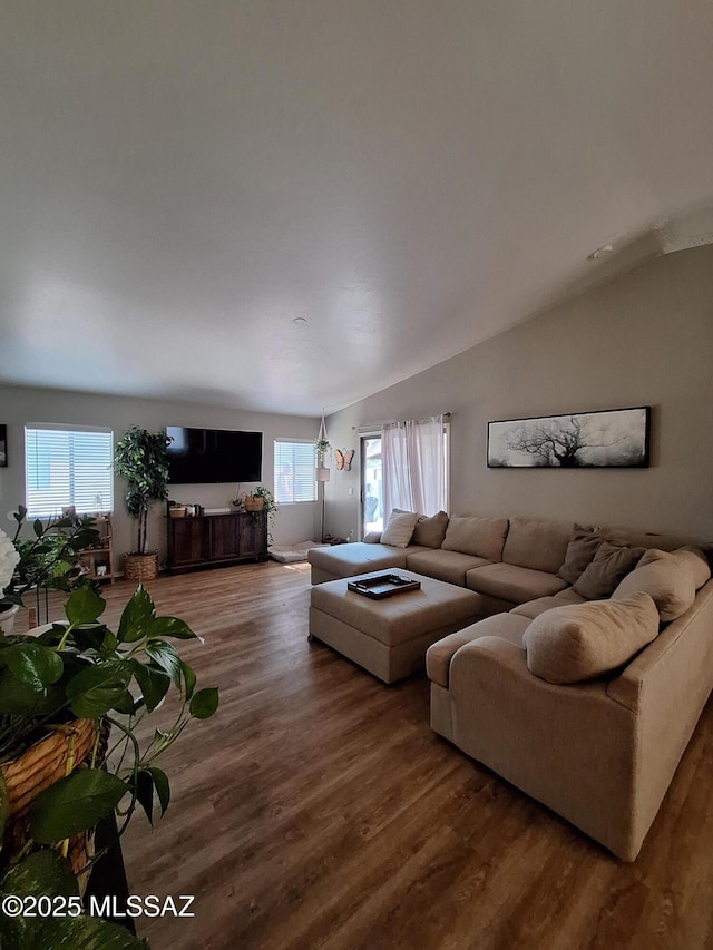 4396 S Valley Rd, Tucson, AZ 85714 - living area featuring wood finished floors and lofted ceiling