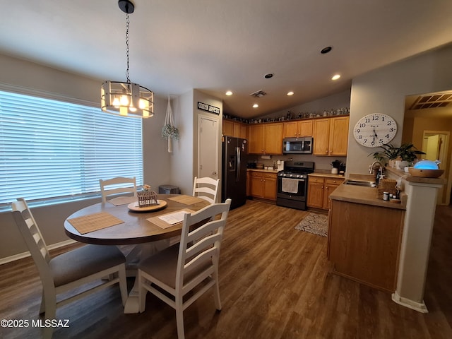 4396 S Valley Rd, Tucson, AZ 85714 - dining room featuring wood finished floors, a chandelier, recessed lighting, baseboards, and lofted ceiling