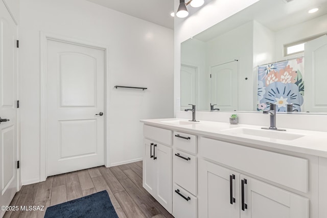 16800 S Paseo Las Vigas, Sahuarita, AZ 85629 - bathroom with double vanity, wood finished floors, baseboards, and a shower with curtain