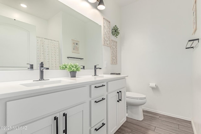 16800 S Paseo Las Vigas, Sahuarita, AZ 85629 - full bathroom featuring double vanity, toilet, wood finished floors, baseboards, and recessed lighting