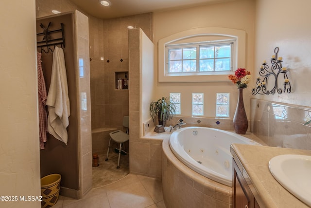 5457 S 13th Ave, Tucson, AZ 85706 - bathroom with a whirlpool tub, tile patterned floors, vanity, and tiled shower