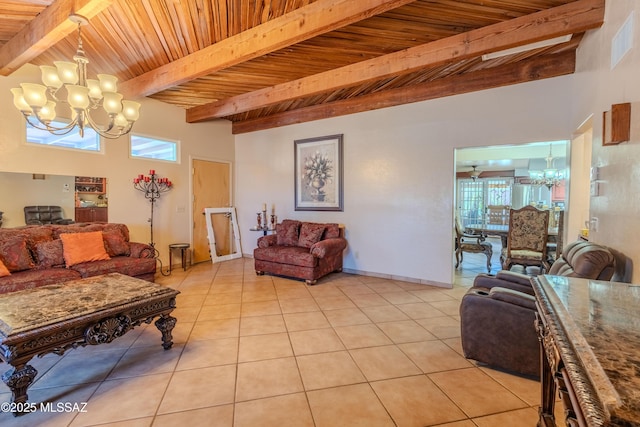 5457 S 13th Ave, Tucson, AZ 85706 - living room with a chandelier, light tile patterned floors, and wood ceiling with exposed beams