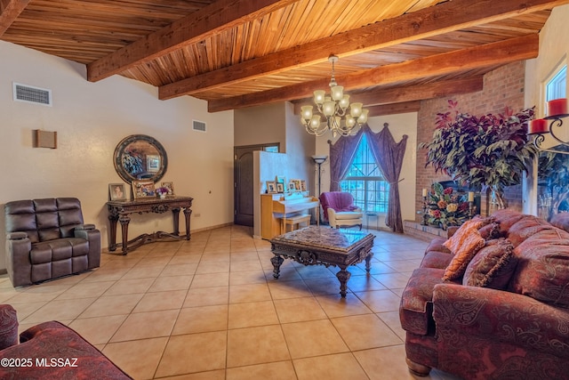 5457 S 13th Ave, Tucson, AZ 85706 - living area featuring wooden ceiling with exposed beams, plenty of natural light, light tile patterned floors, and a chandelier