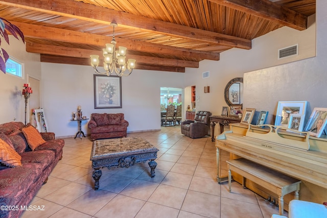 5457 S 13th Ave, Tucson, AZ 85706 - living area featuring a chandelier, plenty of natural light, wood ceiling with exposed beams, and light tile patterned flooring