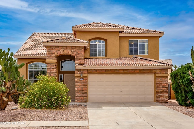 6783 W Alegria Dr, Tucson, AZ 85743 - view of front facade with stone siding, a tiled roof, driveway, stucco siding, and an attached garage