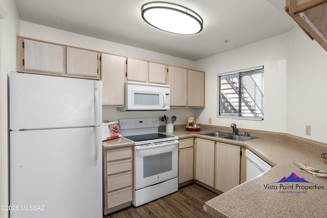 5751 N Kolb Rd # 22103, Tucson, AZ 85750 - kitchen with white appliances, a sink, light brown cabinets, dark wood finished floors, and light countertops