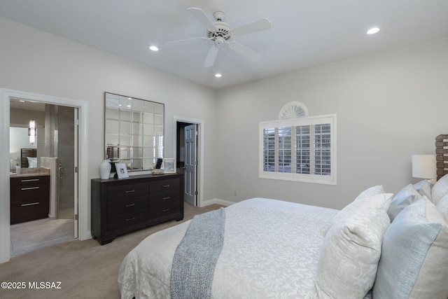 3750 E Sumo Quinto, Tucson, AZ 85718 - bedroom featuring light carpet, recessed lighting, ensuite bath, a ceiling fan, and baseboards