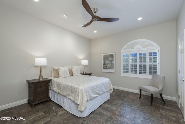 3750 E Sumo Quinto, Tucson, AZ 85718 - bedroom with baseboards, recessed lighting, ceiling fan, and dark stone finish flooring