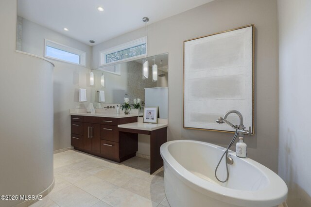 3750 E Sumo Quinto, Tucson, AZ 85718 - full bath with vanity, a freestanding bath, baseboards, tile patterned floors, and recessed lighting