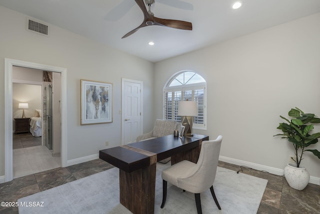 3750 E Sumo Quinto, Tucson, AZ 85718 - home office with stone tile floors, baseboards, a ceiling fan, and recessed lighting