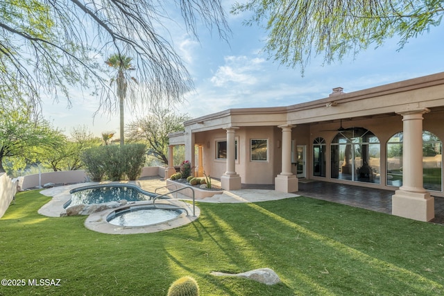 3750 E Sumo Quinto, Tucson, AZ 85718 - rear view of house featuring a patio, a ceiling fan, an in-ground hot tub, and stucco siding