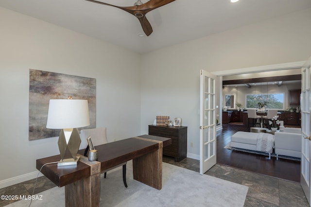 3750 E Sumo Quinto, Tucson, AZ 85718 - office area featuring french doors, ceiling fan, stone finish floors, baseboards, and recessed lighting