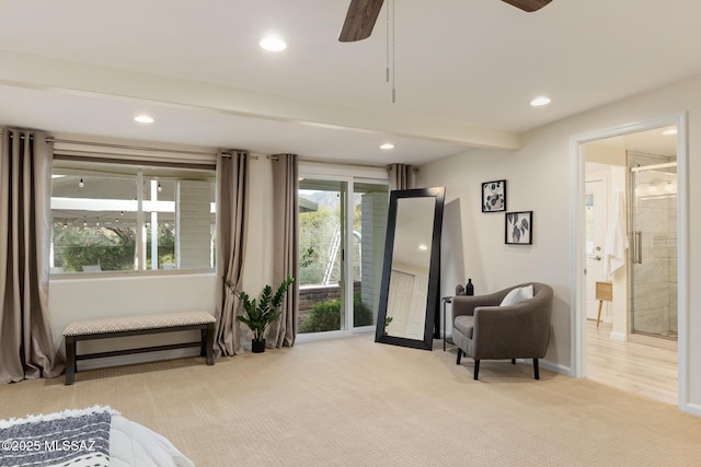 8628 N Placita Del Cardo, Tucson, AZ 85704 - bedroom with light carpet, recessed lighting, baseboards, connected bathroom, and a ceiling fan