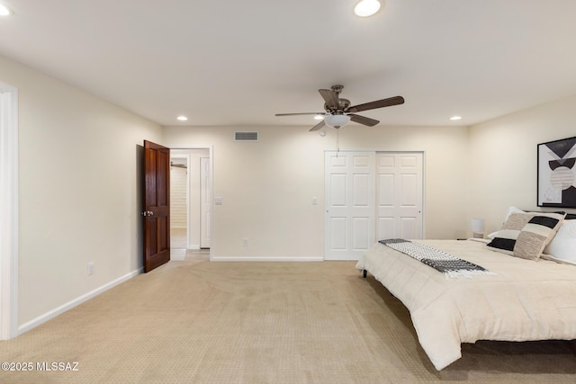 8628 N Placita Del Cardo, Tucson, AZ 85704 - bedroom with recessed lighting, baseboards, light colored carpet, a closet, and ceiling fan