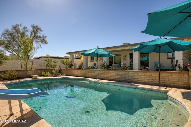 8628 N Placita Del Cardo, Tucson, AZ 85704 - view of pool featuring a water slide and a fenced backyard