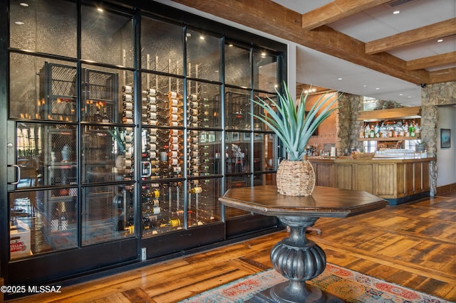 13935 Old Ranch House Rd, Marana, AZ 85658 - wine cellar with a dry bar, beamed ceiling, and hardwood / wood-style floors