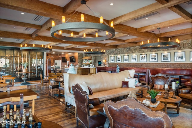 13935 Old Ranch House Rd, Marana, AZ 85658 - living room with a chandelier, coffered ceiling, wood finished floors, and beamed ceiling