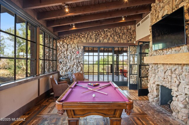 13935 Old Ranch House Rd, Marana, AZ 85658 - game room featuring wood ceiling, billiards, baseboards, wood finished floors, and a fireplace