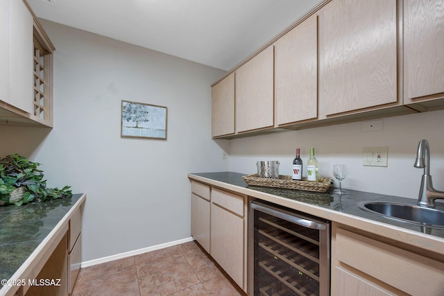 37358 S Ridgeview Blvd, Saddlebrooke, AZ 85739 - indoor bar featuring wine cooler, baseboards, lofted ceiling, and light tile patterned floors