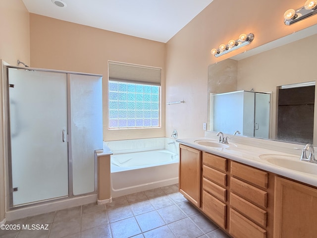 1320 W Bloomington Pl, Tucson, AZ 85755 - full bath with a bath, a shower stall, tile patterned flooring, and double vanity