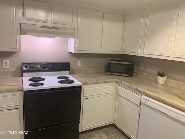 8271 N Oracle Rd Unit 146, Tucson, AZ 85704 - kitchen featuring electric range oven, white dishwasher, stainless steel microwave, under cabinet range hood, and white cabinets