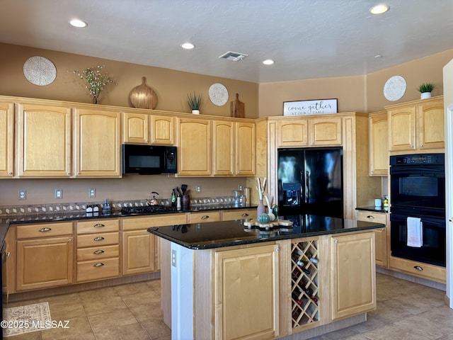 16567 S Saguaro View Ln, Vail, AZ 85641 - kitchen featuring black appliances, light brown cabinets, a kitchen island, light tile patterned floors, and recessed lighting