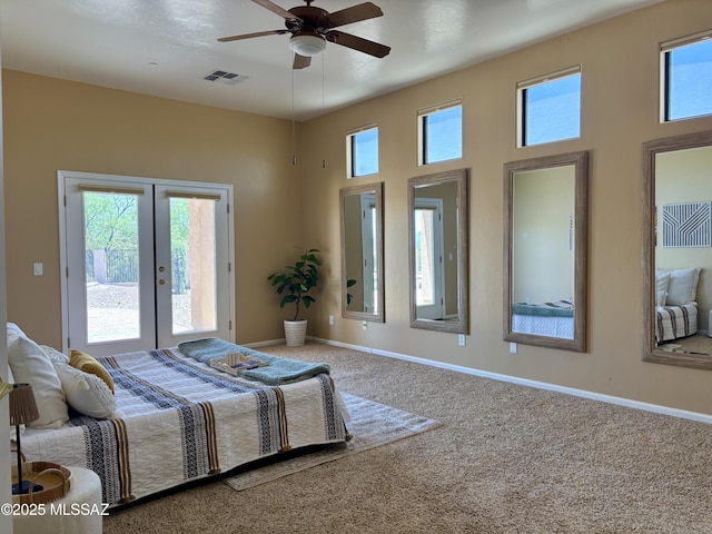 16567 S Saguaro View Ln, Vail, AZ 85641 - carpeted bedroom with french doors, access to outside, baseboards, a ceiling fan, and a towering ceiling