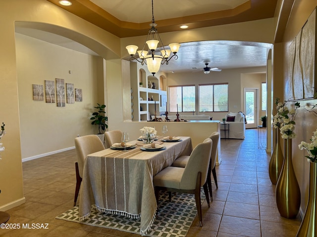 16567 S Saguaro View Ln, Vail, AZ 85641 - tiled dining room featuring a ceiling fan, baseboards, a raised ceiling, and recessed lighting