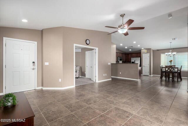 4112 E Shadow Branch Dr, Tucson, AZ 85756 - tiled living area with ceiling fan, vaulted ceiling, a chandelier, baseboards, and recessed lighting