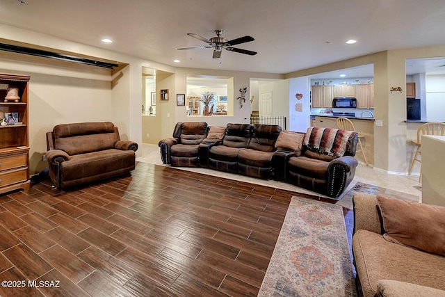 4795 E Silverpuffs Way, Tucson, AZ 85756 - living room featuring recessed lighting, ceiling fan, and dark wood-style floors