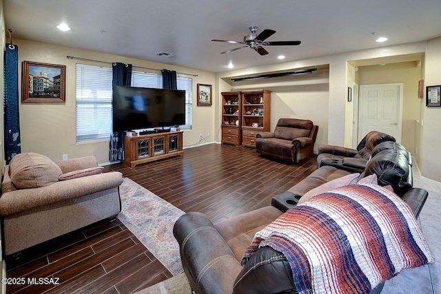 4795 E Silverpuffs Way, Tucson, AZ 85756 - living room with wood tiled floors, a ceiling fan, baseboards, and recessed lighting