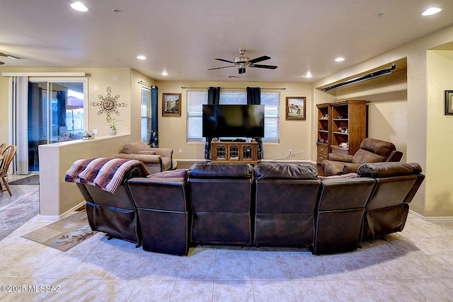 4795 E Silverpuffs Way, Tucson, AZ 85756 - living area featuring ceiling fan, recessed lighting, baseboards, and light tile patterned floors