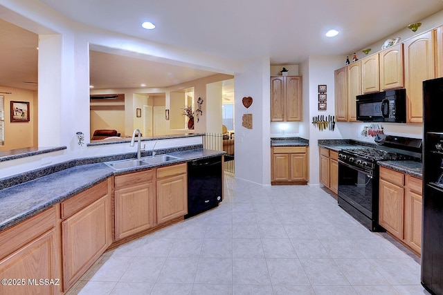 4795 E Silverpuffs Way, Tucson, AZ 85756 - kitchen featuring black appliances, a sink, light brown cabinets, light tile patterned floors, and recessed lighting