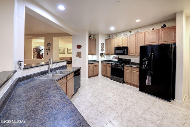 4795 E Silverpuffs Way, Tucson, AZ 85756 - kitchen featuring black appliances, a sink, dark countertops, light tile patterned floors, and recessed lighting