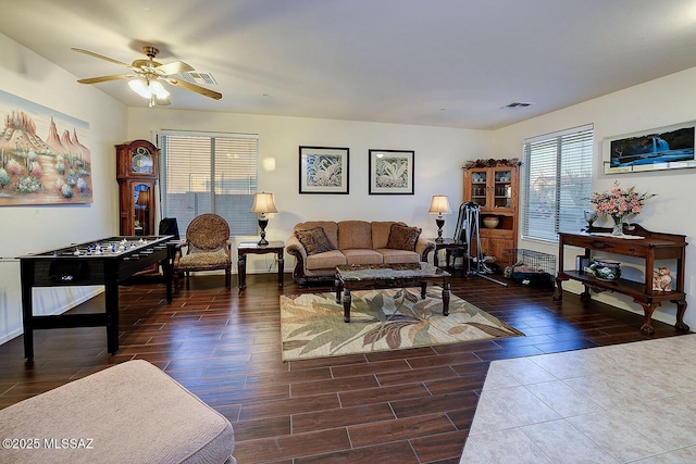 4795 E Silverpuffs Way, Tucson, AZ 85756 - living area with plenty of natural light, wood finish floors, and a ceiling fan
