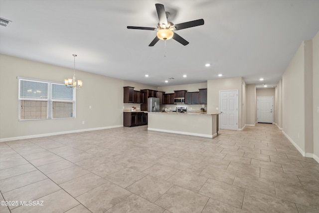 12223 E Becker Dr, Vail, AZ 85641 - unfurnished living room featuring ceiling fan, a chandelier, recessed lighting, baseboards, and light tile patterned floors