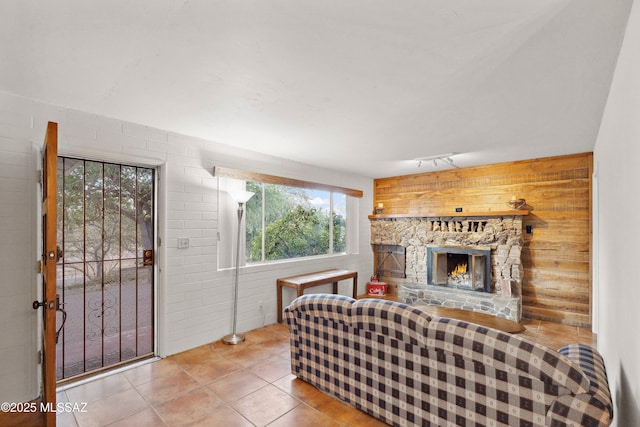 365 E Parkside St, Oracle, AZ 85623 - living room featuring wooden walls, healthy amount of natural light, a fireplace, tile patterned floors, and track lighting