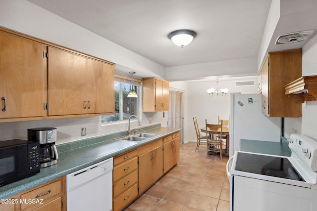365 E Parkside St, Oracle, AZ 85623 - kitchen with white appliances, a sink, backsplash, a chandelier, and hanging light fixtures