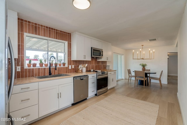 5762 E Helen St, Tucson, AZ 85712 - kitchen with stainless steel appliances, a sink, a chandelier, white cabinetry, and light wood finished floors