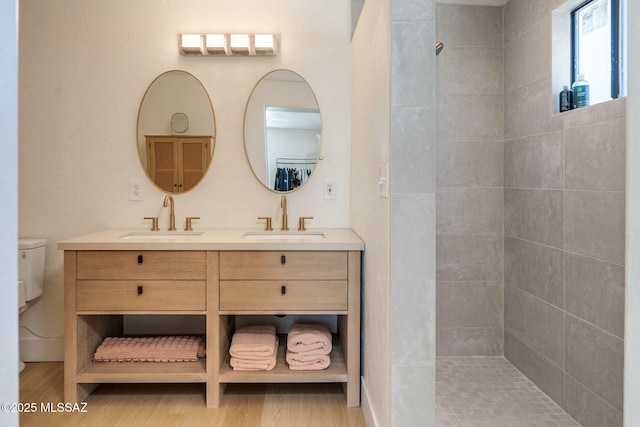 5762 E Helen St, Tucson, AZ 85712 - bathroom with wood finished floors, double vanity, toilet, and walk in shower