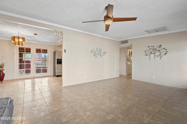 1709 S Avenida Sirio, Tucson, AZ 85710 - tiled spare room featuring a ceiling fan, crown molding, a chandelier, and a textured ceiling