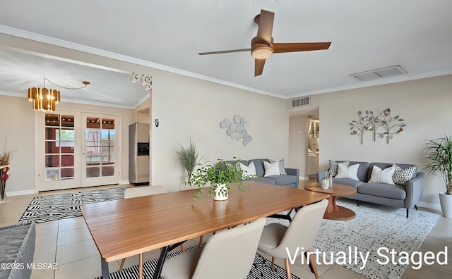1709 S Avenida Sirio, Tucson, AZ 85710 - tiled dining room with a ceiling fan, crown molding, baseboards, and a chandelier