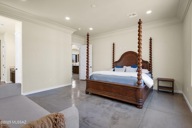 976 W Las Lomitas Rd, Tucson, AZ 85704 - bedroom featuring finished concrete floors, recessed lighting, ornamental molding, and ensuite bath