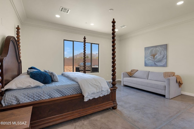 976 W Las Lomitas Rd, Tucson, AZ 85704 - bedroom featuring finished concrete flooring, access to exterior, ornamental molding, and recessed lighting