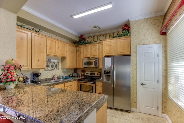 1500 E Pusch Wilderness Dr Unit 10106, Tucson, AZ 85737 - kitchen featuring stainless steel appliances, crown molding, a peninsula, a sink, and light brown cabinetry