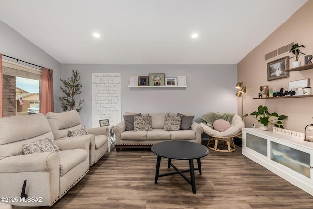 4522 W Vander Bie Pl, Tucson, AZ 85741 - living room featuring dark wood finished floors, recessed lighting, and lofted ceiling