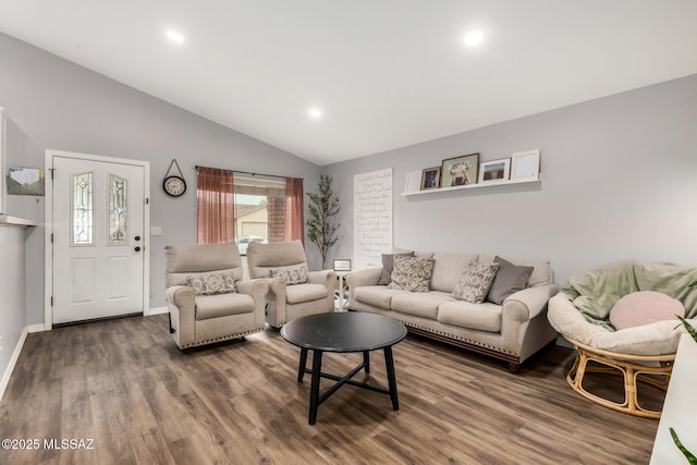 4522 W Vander Bie Pl, Tucson, AZ 85741 - living room with lofted ceiling, wood finished floors, recessed lighting, and baseboards
