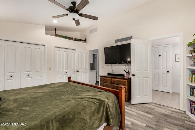 4522 W Vander Bie Pl, Tucson, AZ 85741 - bedroom featuring two closets, wood finished floors, lofted ceiling, and ceiling fan