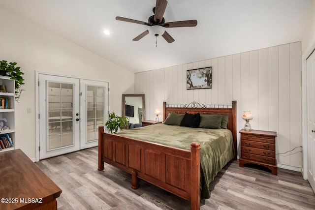 4522 W Vander Bie Pl, Tucson, AZ 85741 - bedroom with access to exterior, french doors, vaulted ceiling, wood finished floors, and a ceiling fan