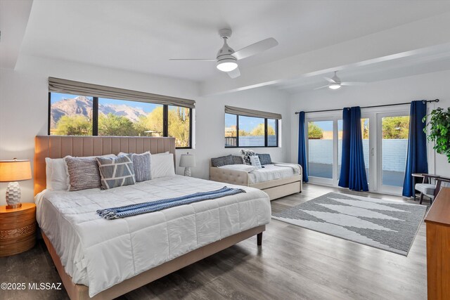 835 E Camino De Fray Marcos, Tucson, AZ 85718 - bedroom featuring access to outside, wood finished floors, and ceiling fan